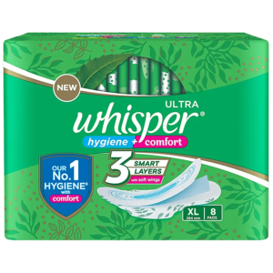 Whisper Sanitary Pads - Extra Large Wings, Ultra - 8 Pads